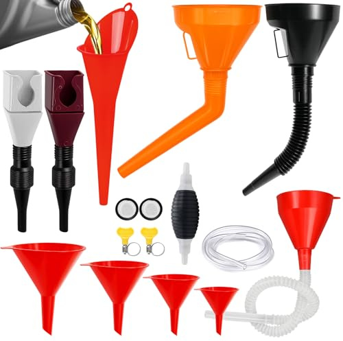 Samulee 14 Stück Einfülltrichter Set, Trichter Auto mit Benzinpumpe Handpumpe, Rechtwinkliges Flexibles Trichter Set mit schlauch und Filter für Benzin, Öl, Kühlflüssigkeit usw