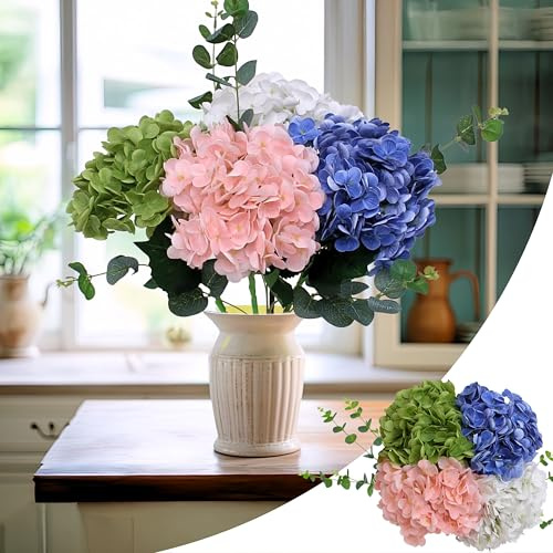 KP HOME Ramo de Hortensias Artificiales con Acabado Realista, Grande 50 cm – Set de 4 Flores Artificiales Decoracion (Azul, Blanco, Rosa, Verde) + 2 Ramas de Eucalipto para Hogar, Boda, Fiesta