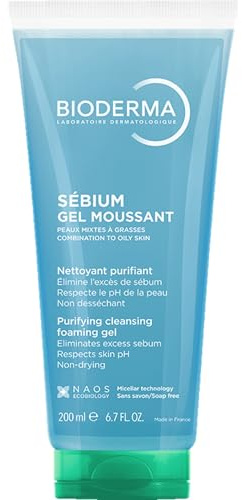 BIODERMA Sebio Gel Espumante - Limpiador Purificador suave - Elimina el exceso de sebo y las impurezas - Piel mixta a grasa - Prescrito por dermatólogos - Tubo 200 ml