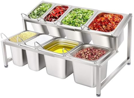 Contenedor de ingredientes para pizza, accesorios de gastronomía de acero inoxidable adecuado para restaurante tienda de hotpot tienda, 4 bandejas de 1/9 + 4 bandejas de 1/6