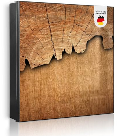 banjado Großer Schlüsselkasten Metall - Schlüsselbox 30x30cm beschreibbarer mit 32 Haken - Schlüsselkasten modern für Schlüsselaufbewahrung - Korpus Schwarz Scharnier Rechts - Motiv Holz