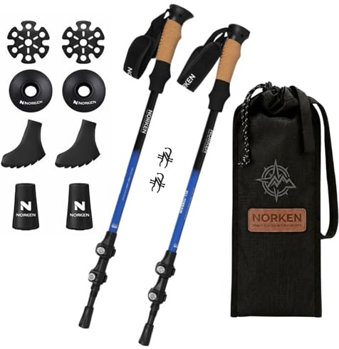 NORKEN Bastones de Senderismo Premium, Aluminio 7075 de Aviación, Telescópicos 62-135cm, Sistema Flip Lock Metálico, Mango de Corcho Natural y EVA, Ligeros para Trekking, Montañismo y Esquí (Azul)