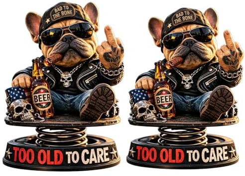 2Pcs Too Old To Care Bulldog Bobblehead, Resin Nodding Dog Ornament,Fun Dashboard Toy for Car Decor &Beer Day Accessories,Gift for Bikers Dog Lovers