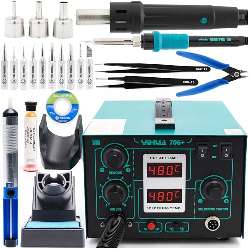 Yihua 706+ Stazione Saldante Professionale 2 in 1 Aria Calda Twin Turbo 640W e Saldatore a Stilo 900M, Kit Saldatura di Precisione SMD BGA con Funzione Sleep, Calibrazione PID e 10 Punte