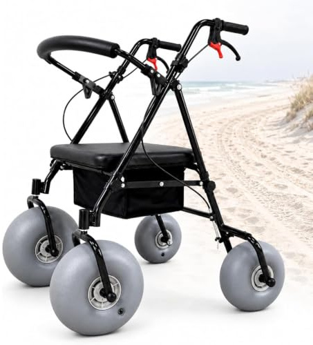 THYXGS Strandrullstol med ballongdäck, terräng- och vikbar strandrullstol med hjul med snabblås, lastkapacitet 100 kg (220 pund), lämplig för mjuk sand, gräs, grus och åtkomst