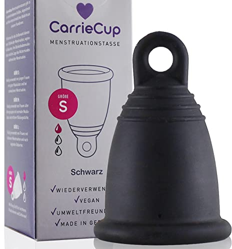 CarrieCup Menstruationstasse groß, Made in Germany inkl. Beutel - BPA-frei, Alternative zu Tampons und Binden, silikonfrei, Menstrual Cup schwarz