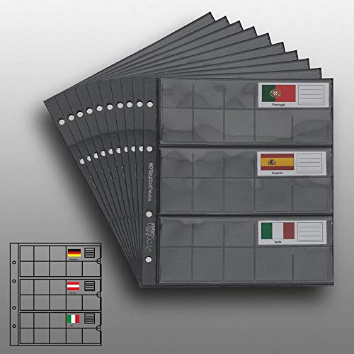 10 Prophila Münzhüllen für 3 komplette €-Kursmünzensätze mit je 8 Münzen, mit 10 schwarzen Karton-Zwischenbl. + 23 Flaggen