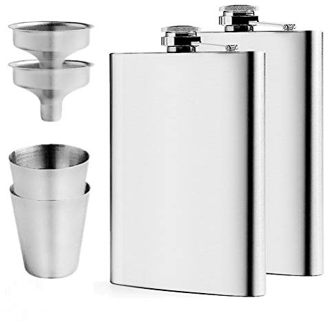 2 Pcs Hip Flask Set, 8oz Stainless Steel Pocket Whiskey Flask, with 2 Small Cups and 2 Funnels, for Camping, Hiking, Barbecue, Silver