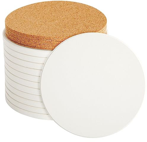 Round Unglazed Ceramic Tiles with Cork for Crafts DIY Coasters (White 4 In 24 Pieces)