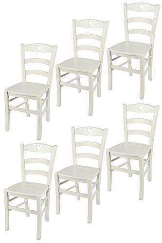 t m c s Tommychairs - Set 6 Chaises Cuore pour Cuisine, Bar et Salle à Manger, Robuste Structure en Bois de hêtre peindré en Couleur Blanc Glace et Assise en Bois