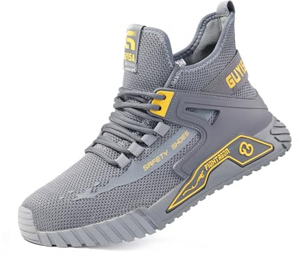 IYVW 907 Chaussure de Securité Homme Femme Legere, Embout en Acier Chaussure Respirant Basket Securité Réfléchissant Chaussure de Travail Bottes de Sécurité noir gris 45 EU