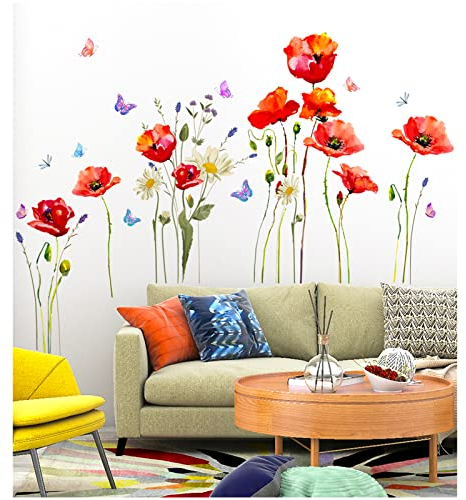 Fiori Giardino Adesivi da Parete，Tianher Papaveri Sticker Autoadesivo della parete della Fiore Farfalla Decorazione murale per soggiorno camera da letto divano sfondo