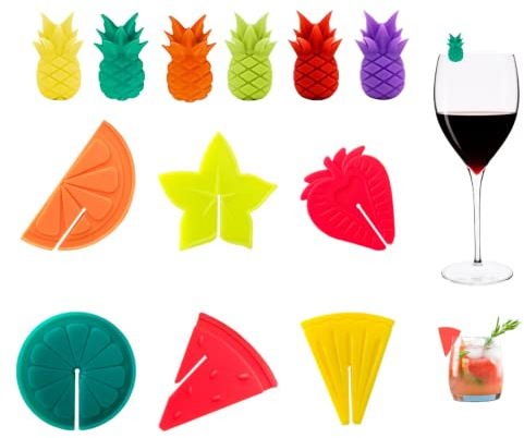 FainFun Glasmarkierer - Bunte Glasmarker Ananas, 12 Stück, Silikon für Trinkgläser, Cocktail, Wein & Getränke