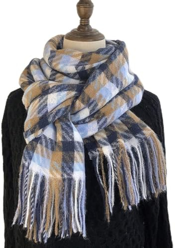 HGJH Schal Damen,Winterschals Hellblau Braun Weicher Warmer Schal Dicke Decke Retro-Streifen-Quastenschal Langer Großer Winterschal Trendiger Stola-Schal Für Frauen Mädchen
