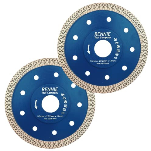 Rennie Tool 2 x 115mm Diamond Saw Blade Cutting Disc 1.4mm Super Thin | For Porcelain Tiles Granite Marble Ceramics. 4.1/2 Turbo Disk for Angle Grinder. 22.22mm Bore (7/8)