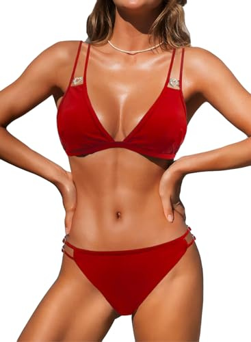 NLAND Bikiniset för kvinnor triangel tunn rem diamantdekoration dubbla remmar justerbara brasilianska badkläder, röd, M