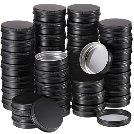 Therwen 96 Pcs Aluminum Tin Jars Containers Metal Leak Proof Cosmetic Tin Jars Containers Round Screw Lids Lip Balm Can Empty Refillable Cosmetic DIY Storage (2oz,Black)