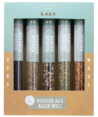 Laux Pfeffer Aus Aller Welt Geschenkbox - 5 Erlesene Gewürze Set - Hochwertiges Salat & Grill Zubehör - Geschenk-Ideen für Frauen & Männer - Ausgefallene Geschenke (5x76g)