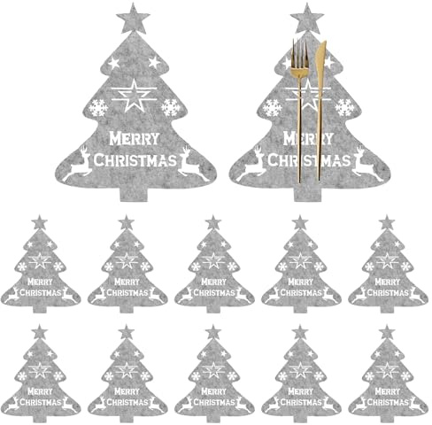 Weysoo Bestecktasche Weihnachten, 12 Stück Weihnachtsbaum Besteckhalter Weihnachten, Grau Weihnachten Tischdeko Filz,Weihnachtsdeko für Party Abendessen Gabel Dekor