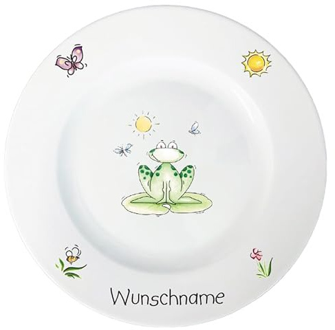 Doriantrade Speiseteller 27cm Kinderteller Teller Porzellan Frosch personalisierbar mit Wunschname Name Kindergeschirr mit Namen personalisiert