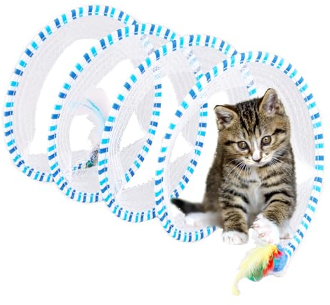 PEUTIER Katzentunnel Spielzeug, 65x25cm Gefaltetes Katzentunnel Federspielzeug mit Feder & Künstlicher Ratte, S-Förmig Katzentunnel Röhren Interaktives Spielzeug für Katzen Kaninchen Welpen (Blau)