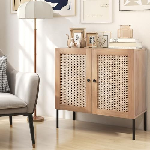 GIANTEX Sideboard Anrichte Kommode, Küchenschrank Buffetschrank Küche mit 2 Türen & verstellbaren Fächern, Buffet Aufbewahrungsschrank aus Holz & Rattan, Beistellschrank 80 cm x 40 cm x 80 cm (Eiche)