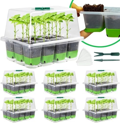 KAHEIGN 6Pcs Anzuchtset Zimmergewächshaus Anzuchtkasten, 72 Zellen Wiederverwendbare Sämling Anzuchtschalen robust Pflanzensamen Anzucht Set, Setzling Starter Tabletts mit Deckel Belüftung