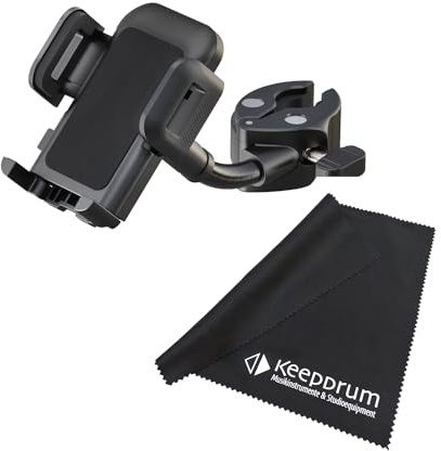 K&M 19761 Smartphone-Halter mit Klemme für Rohre und Stative + keepdrum Mikrofasertuch