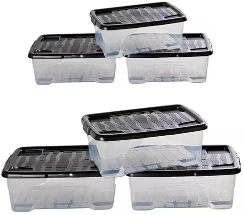 STAR SUPPLIES 5 x 30L Underbed Clear Transparent Base Home Office Storage Containers With Black Lids
