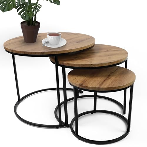 DIVCHI Nest of Tables Set of 3 Round – Modern Nesting Coffee Tables with Wood Look Top & Black Metal Base, Space Saving Side Tables for Living Room, Bedroom & Balcony (Light Oak)