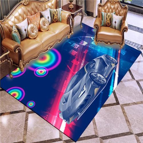 Sportwagen Teppich 3D Modernes Auto Teppich Kurzflor Teppiche rutschfeste Spielteppiche für Schlafzimmer Wohnzimmer (k-4,60x90cm)