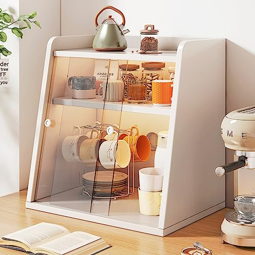 Étagère à pain pour tasses – Grande boîte à pain blanche double couche avec porte-tasse à thé – Organiseur de comptoir de cuisine pour le rangement du thé