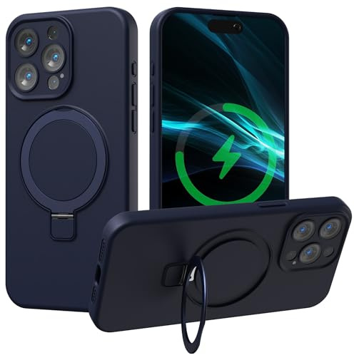 Custodia Magnetica Per iPhone 15 Pro Max, Cover in Silicone Liquido Con Supporto Ad Anello invisibile, Compatibile Con MagSafe, Protezione Antiurto Militare Grado, Custodia KickStand, 6.7'', Blu