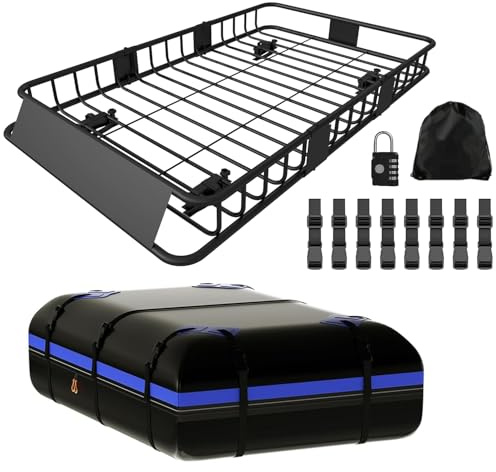 FORWODE 250LBS Universal Roof Rack Basket, 64x39x6 Rooftop Cargo Carrier Rack + Waterproof Cargo Bag 15 Cubic Feet(43x34x17)