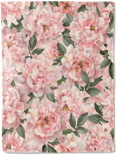 ainori Floral Peony Flannel Blanket - Lush Pink Flower and Green Leaves Throw,Playful Gifts for Women & Nature Lovers, Ultra Soft & Warm,Lightweight,for Couch Bedroom Living Room Decor 50x60in