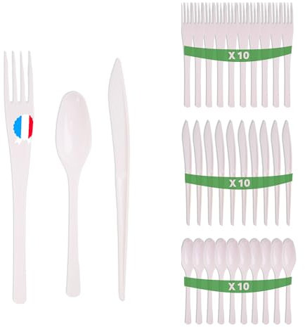 Set 30 couverts blanc en plastique dur - Fabriquée en France - Ménagère blanche de 10 fourchettes, 10 couteaux, 10 cuillères - Réutilisables et recyclables - Passe au lave vaisselle - Table'Colors