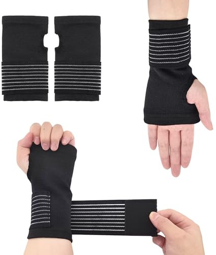 Qiuyan 2 Pack Wrist Braces Elastic Wrist Support with Strap Adjustable Carpal Tunnel Wrist Compression Support Relieves Wrist Pain Injury Tendonitis for Men and Women, Right and Left (Black)