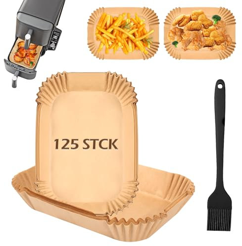 Hivio 125 Stück airfryer backpapier für Ninja Double Stack XL SL400EU/Ninja Foodi MAX Dual Zone AF400EU 9.5L, Backpapier für Heißluftfritteuse und Silikonbürste, BPA-Freies Air Fryer Zubehör