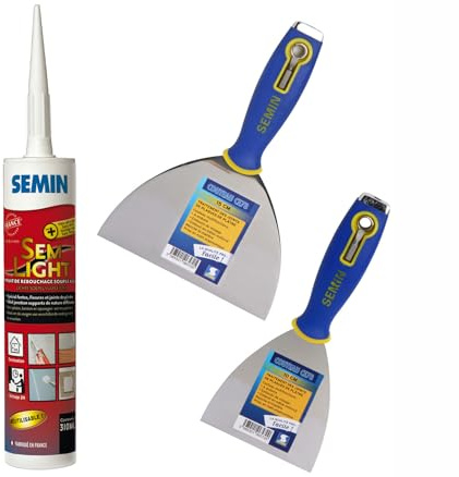 Semin - Enduit de Rebouchage Allégé - Sem-Light - Trous et Fissures Importants - Intérieur - Cartouche 310 ml, Couteaux à Enduire 10 et 15 cm