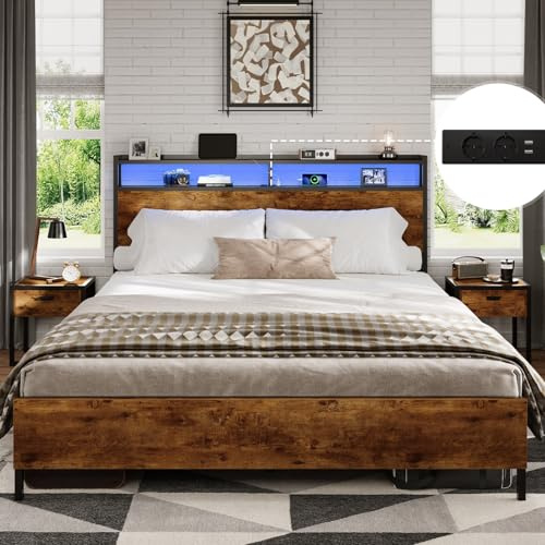 DICTAC Lit 140x200 en Métal, Lits 2 Personnes avec tête LED et 2Ports USB et Prise de Courant,Cadre de lit avec tête et pied de lits en bois,21.5 cm Espace de Rangement sous le lit,Marron Vintage Noir