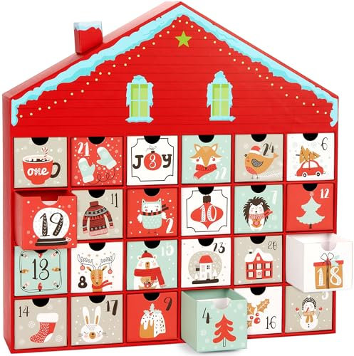 BRUBAKER Calendario de Adviento para Rellenar - Casa de Navidad - Calendario de Navidad DIY con 24 Puertas para Vales, Caramelos y otras Sorpresas - 40,5 cm de Altura de Cartón - Rojo