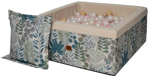 GoldenGroup Baby Samt-Bällebad 90x40 cm – Rundes Spielbecken aus Schaumstoff mit Bällen – Modell Cosmos Pastell Blätter + Kugeln Farben rosa, Perla, pernamental