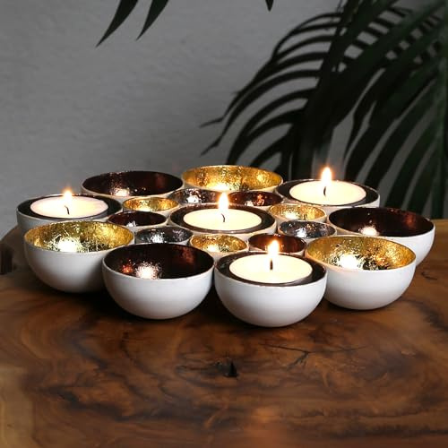 Teelichthalter Glamour Dekoschale Metall Tisch Dekoration 10 Teelichter Geschenkidee Art Deco Wohnzimmer Gold Silber Braun Weiß für D 21cm Elio 50741-20