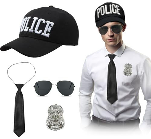 EUPSIIU 4 Piezas Policía Disfraz Swat para Adulto Niños, Accesorios Policiales con Policía Gorra de Policía Gafas de sol Policía Insignia Corbata, Gorra Policía para Hombre Fiestas Carnavales