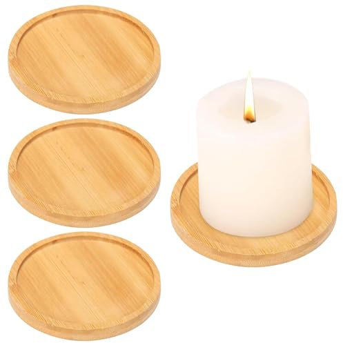 4 platos para velas, placa de madera, bandeja de madera de acacia, decoración para portavelas, posavasos redondos para velas de pilar, velas de bautizo