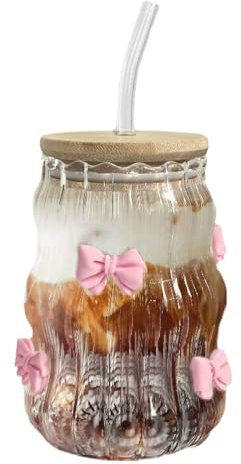 450 ml Glas mit Deckel und Strohhalm, Matcha Gläser Eiskaffee Gläser Bubble Glasbecher Cocktailglas Trinkgläser mit Deckel und Strohhalm für Latte, Macchiato, Milch, Eiskaffee und Eistee (Bogen)
