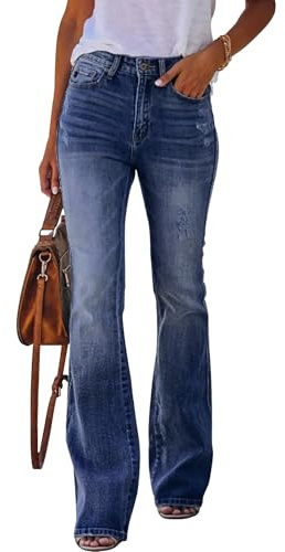 KUNMI Jean évasé évasé pour Femme - Taille Haute - Jambe Large - Pantalon en Jean Extensible, Ff007-Bleu foncé, 38