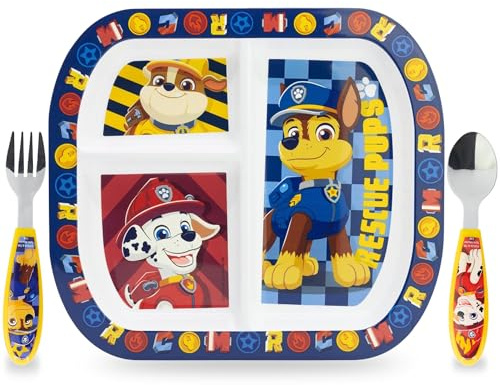 Sorrisini Vajilla Reutilizable Para Microondas PAW, 3 Piezas Partidos, Primer Juego de Destete con Plato, Cubiertos de Acero Inoxidable, Platos de Plástico Microondables, Sin BPA