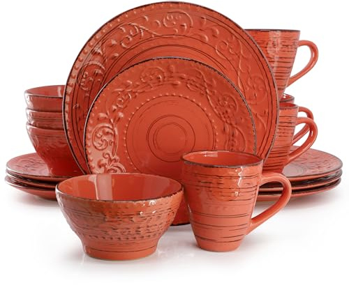 Elama Malibu Jasper 16-Piece Stoneware Embossed Pattern Reactive Glaze Orange Dinnerware Set, Tableware, Serveware Set (Jasper Orange)