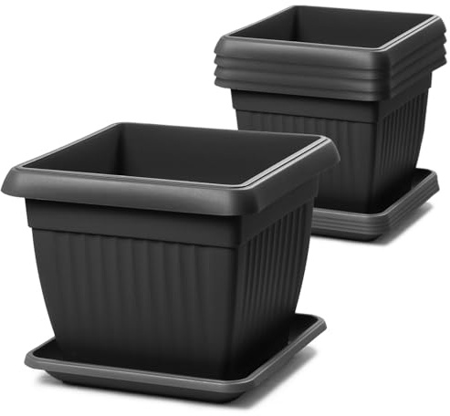 IMJ-Global Set di 5 Vasi e Sottovasi Quadrati Terra in Plastica 37x37x30 cm da Interno Esterno Colore Nero Design Classici